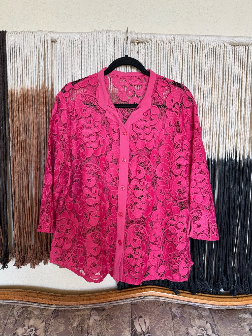 Pink lace button up 3/4 sleeve blouse with beautiful buttons; perfect condition